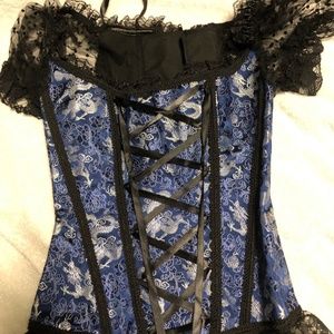Blue and silver brocade style overbust corset top with sleeves, size S
